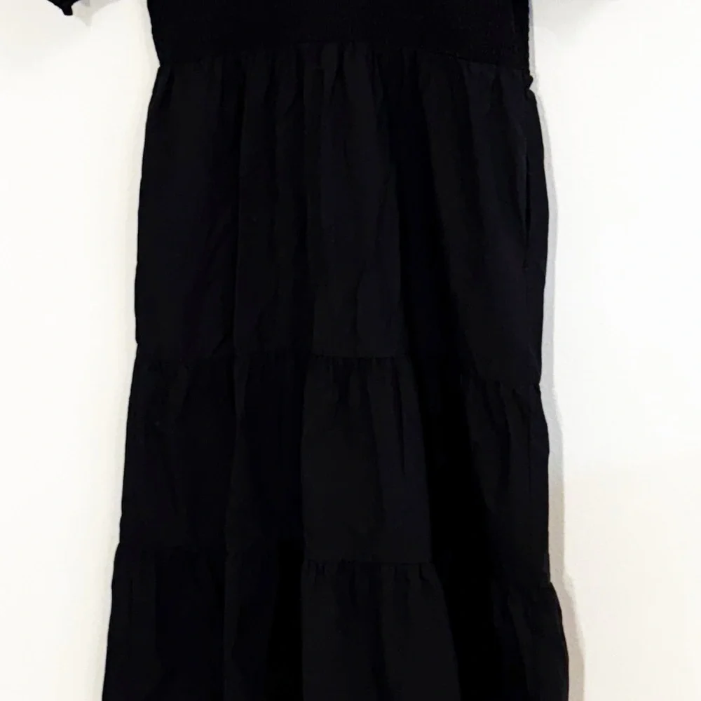 THML Black Smocked Midi Dress VNeck Short Puff Sleeves Size Large - Picture 7 of 7